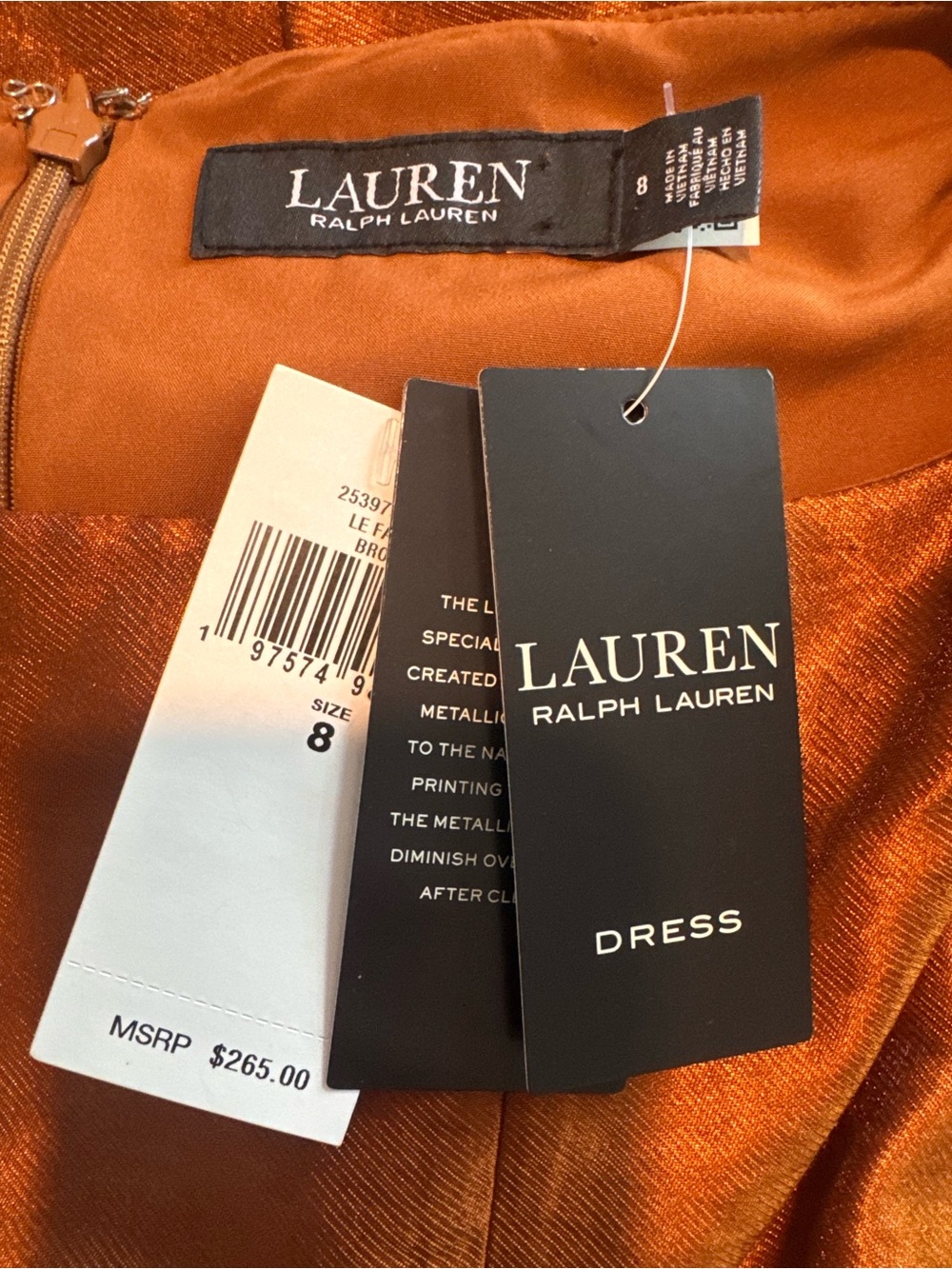 Lauren Ralph Lauren Metallic Twill Fit & Flare Cocktail Dress Bronze 8 NWT - Picture 2 of 2